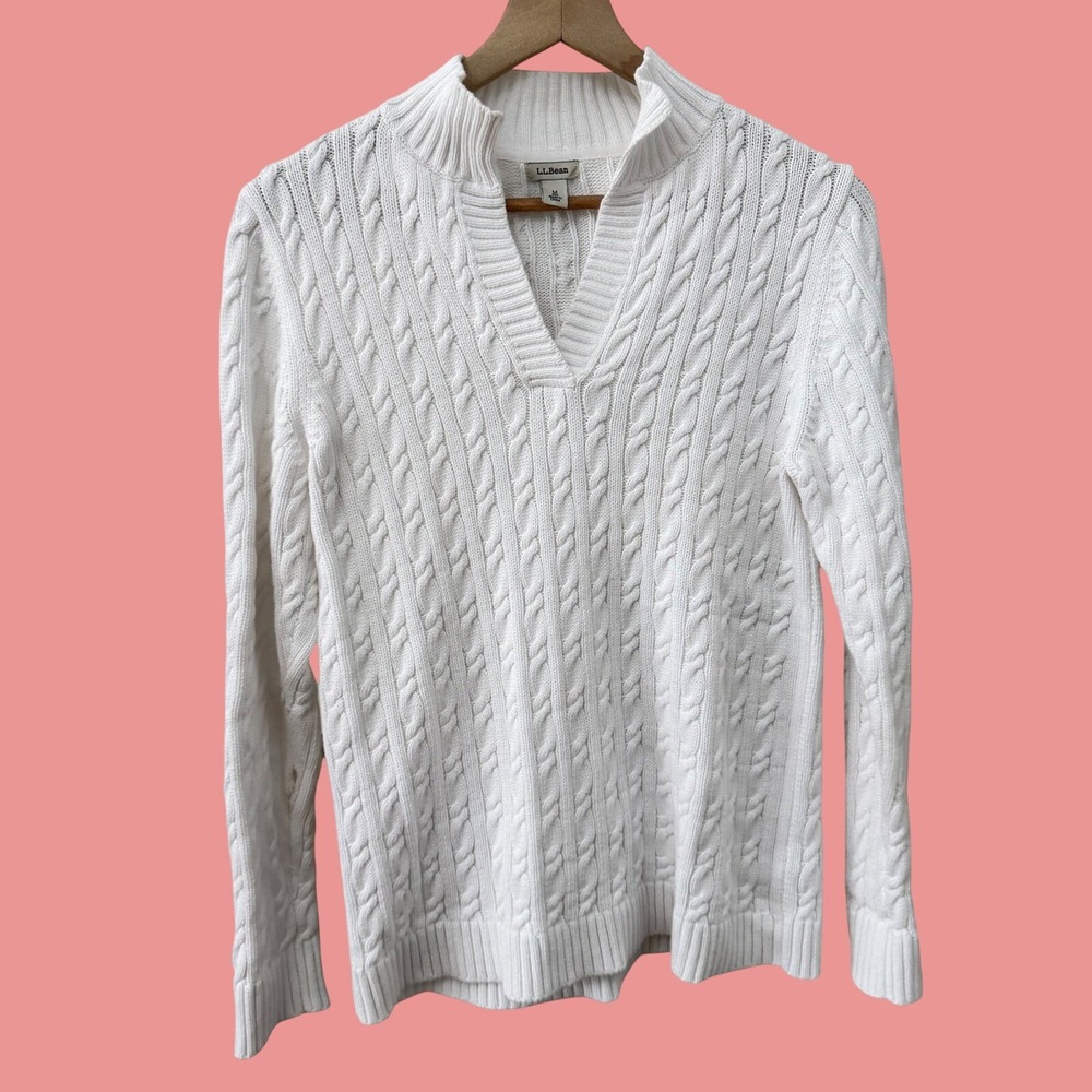 L.L. Bean Sweater Size M White Cable Knit Split Neck‎ Mock Cotton